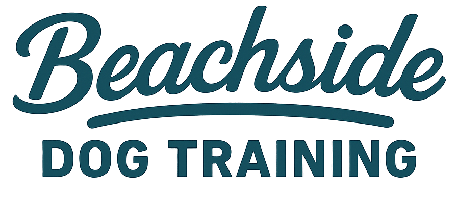 The Beachside Dog Training logo features the word “Beachside” in a stylized blue script with a curved underline, positioned above the words “Dog Training” in bold blue block letters. The design is simple, clean, and coastal-themed.