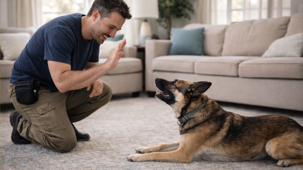 Beachside Dog Training male trainer using hand signals to teach a dog the down command inside a Huntington Beach home