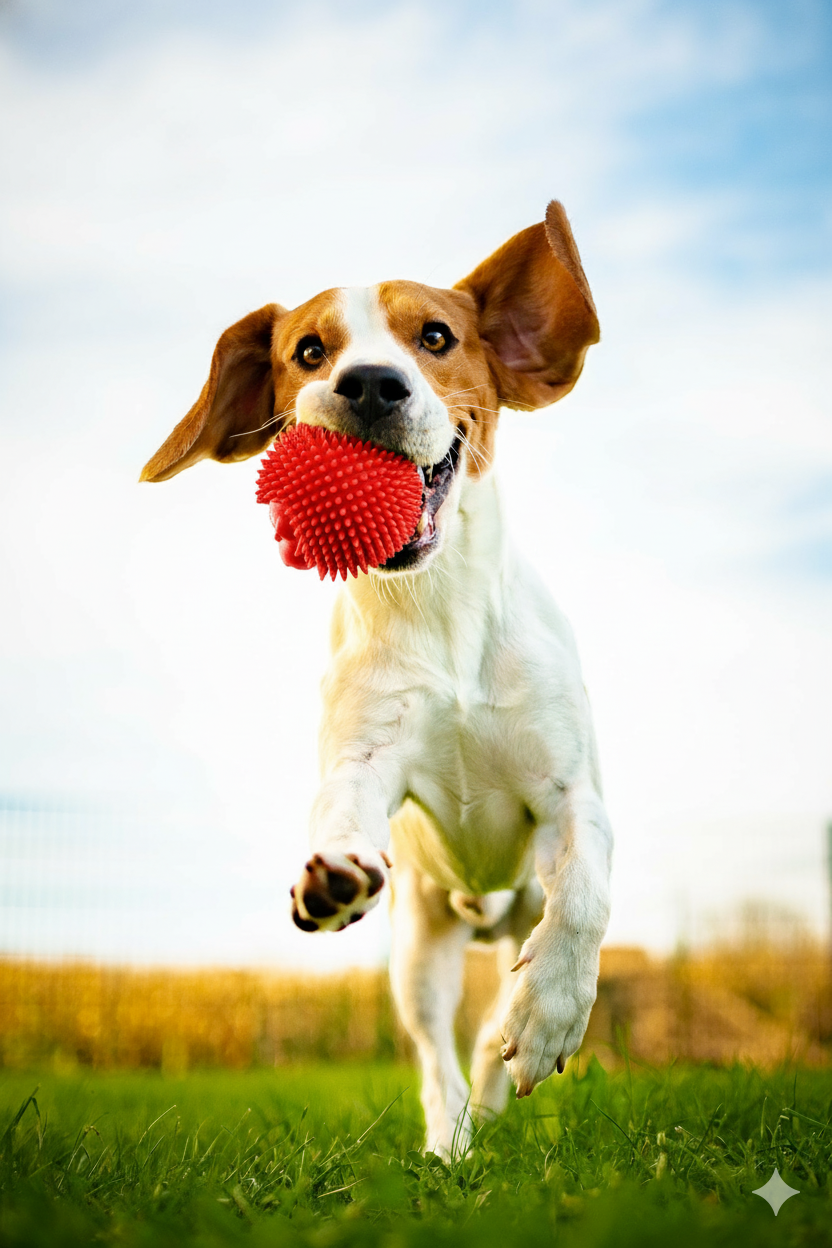 Dog running on grass with a red spiky training ball in its mouth, ears flapping, outdoors under a bright sky.
