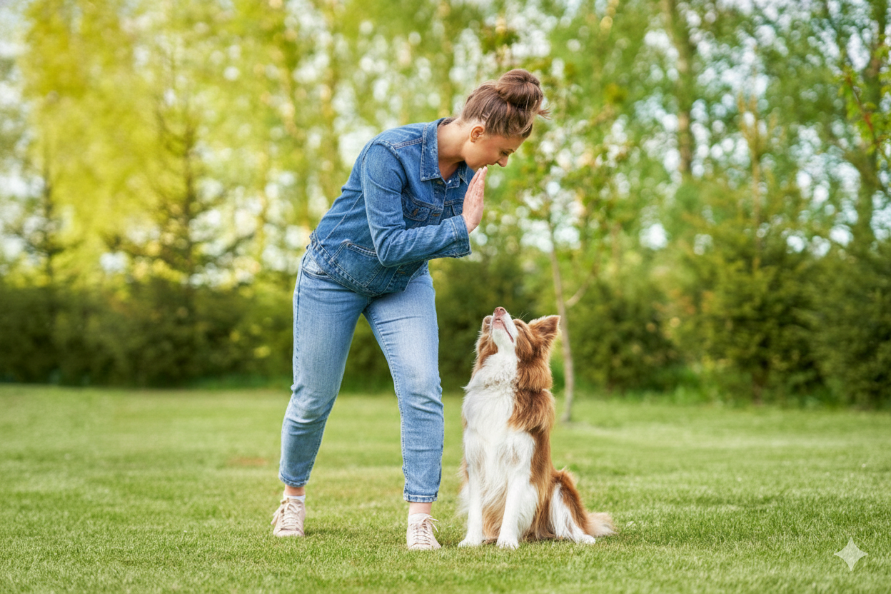 Border Collie sitting and watching the trainer’s raised hand signal during an outdoor obedience training session in Huntington Beach, Orange County.