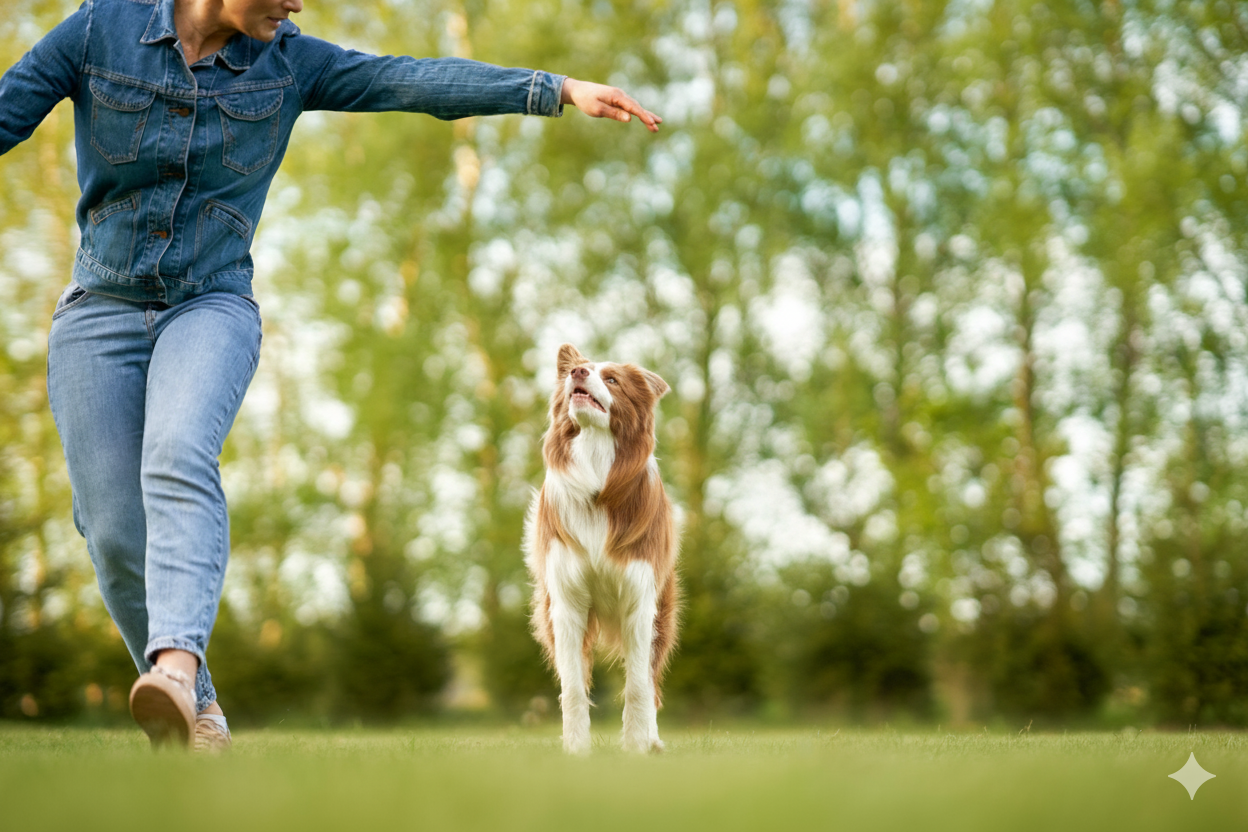 Border Collie standing ready to jump while watching the handler’s cue during outdoor dog advanced obedience training in Huntington Beach, Orange County.