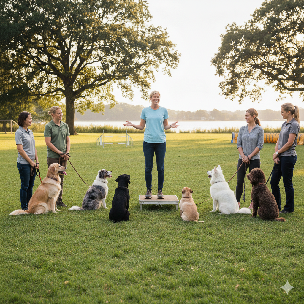 Dog group training session with a professional trainer guiding five dogs and their owners in an outdoor park setting.