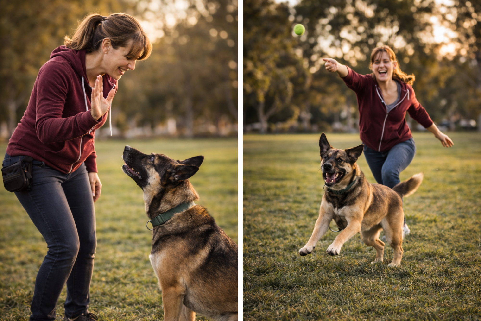 Beachside Dog Training session showing a dog sitting for eye contact before being rewarded with fetch in a Huntington Beach park