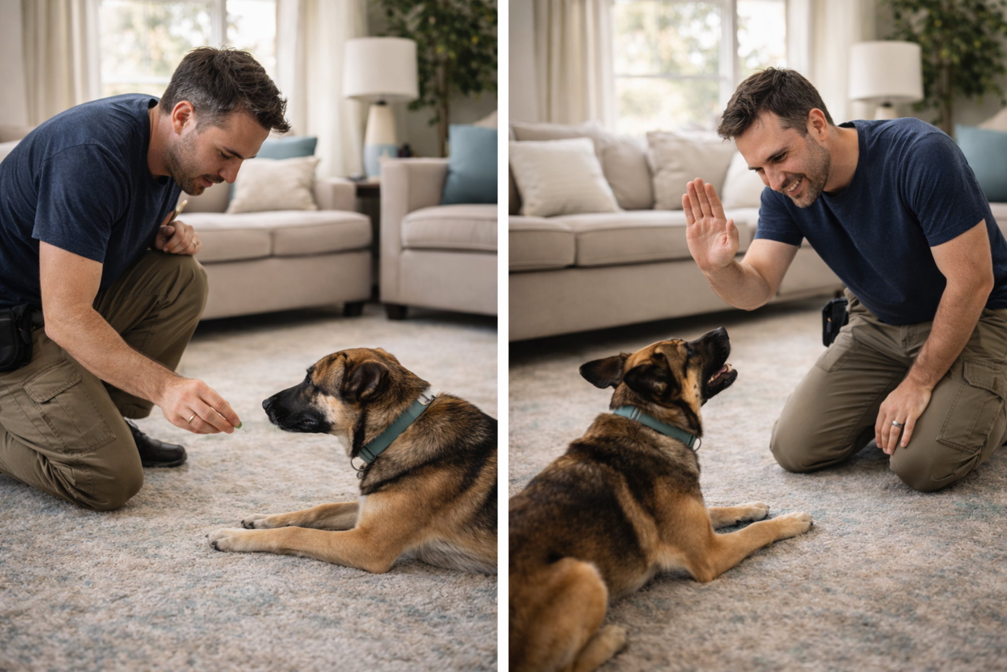 Beachside Dog Training trainer teaching a dog the down command indoors in a Huntington Beach home