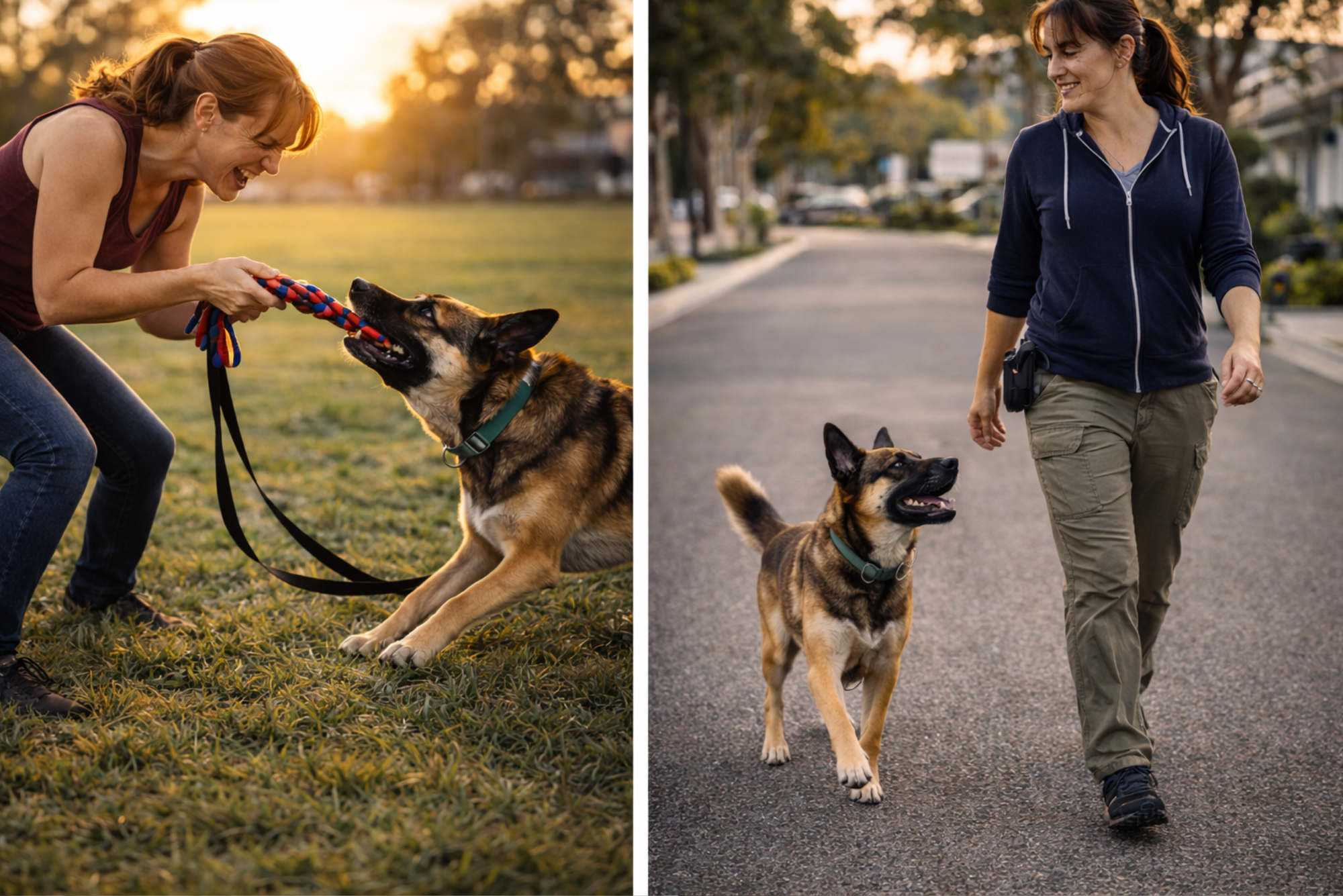 Beachside Dog Training session in Huntington Beach showing tug play in a field and calm heel work on a neighborhood walk