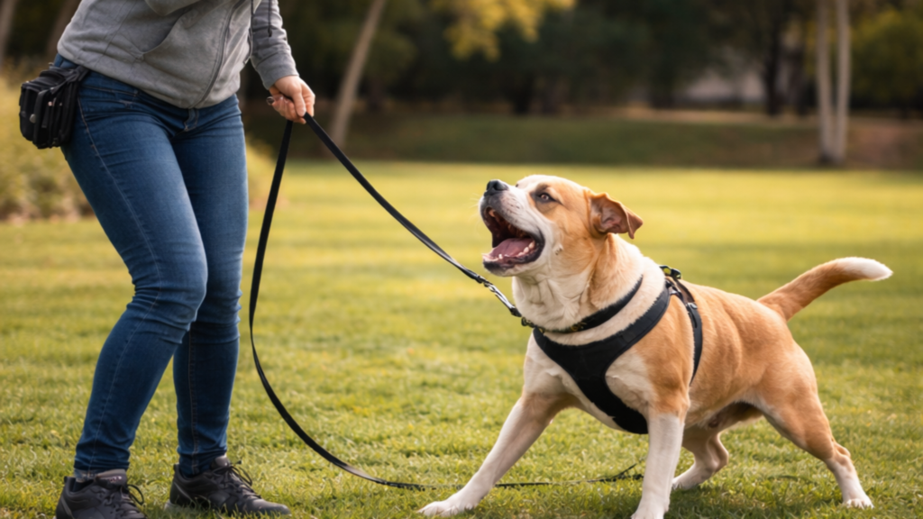 Dog trainer working with a reactive dog on leash during a training session in a park