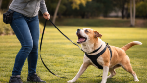Dog trainer working with a reactive dog on leash during a training session in a park