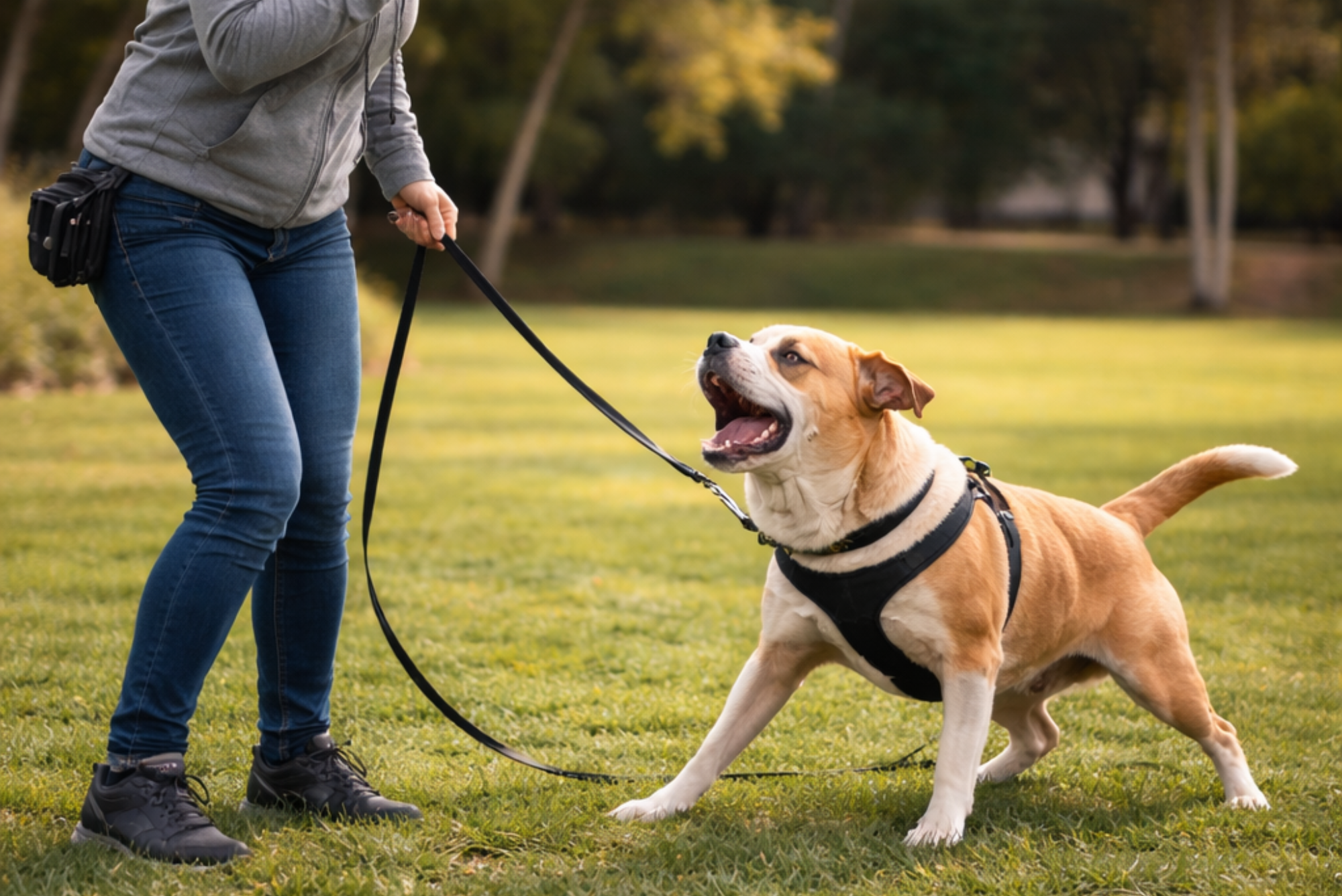Dog trainer working with a reactive dog on leash during a training session in a park