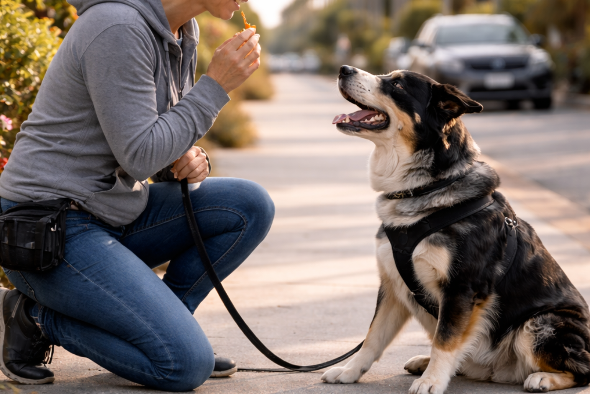 Beachside Dog Training trainer working with a reactive dog on leash during a training session in a Huntington Beach park