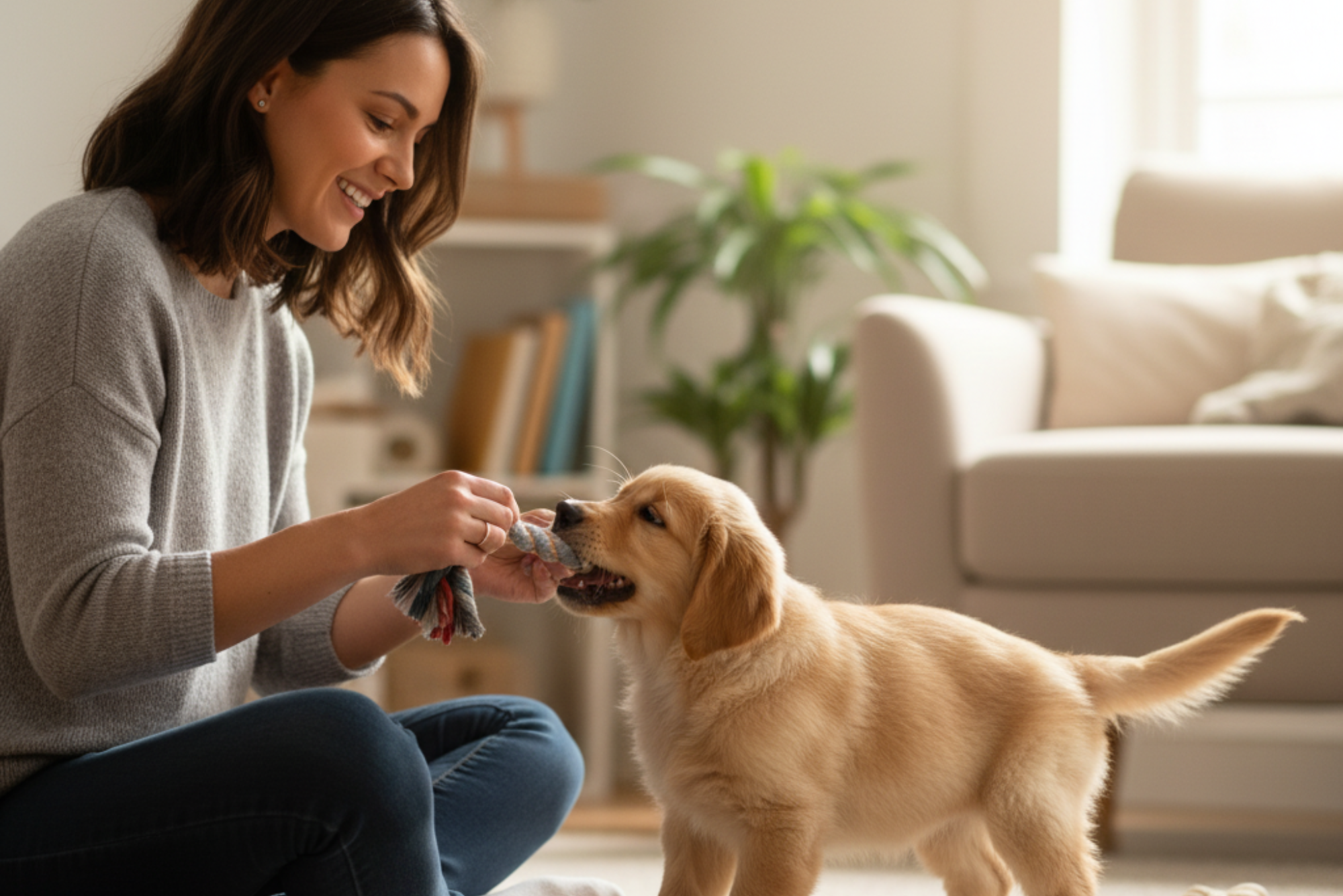 A golden-colored puppy sitting on a rug looking at a smiling woman during a home puppy training session by Beachside Dog Training in Huntington Beach.