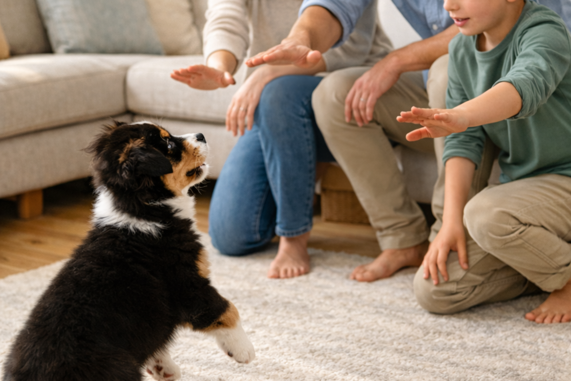 A family — two adults and a child — training a tricolor puppy on a rug with toys, representing family-friendly puppy training by Beachside Dog Training in Huntington Beach.