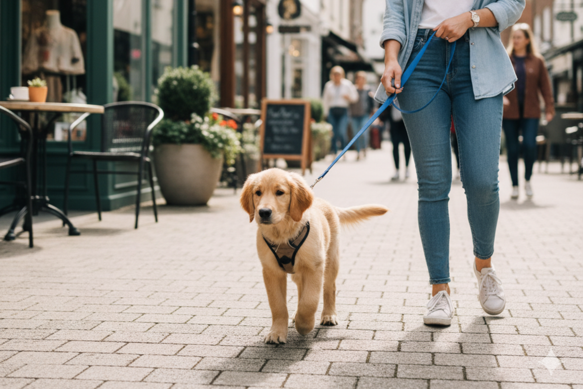 A young woman walking a golden retriever puppy on a blue leash along a busy outdoor street, representing real-world puppy training by Beachside Dog Training in Huntington Beach.