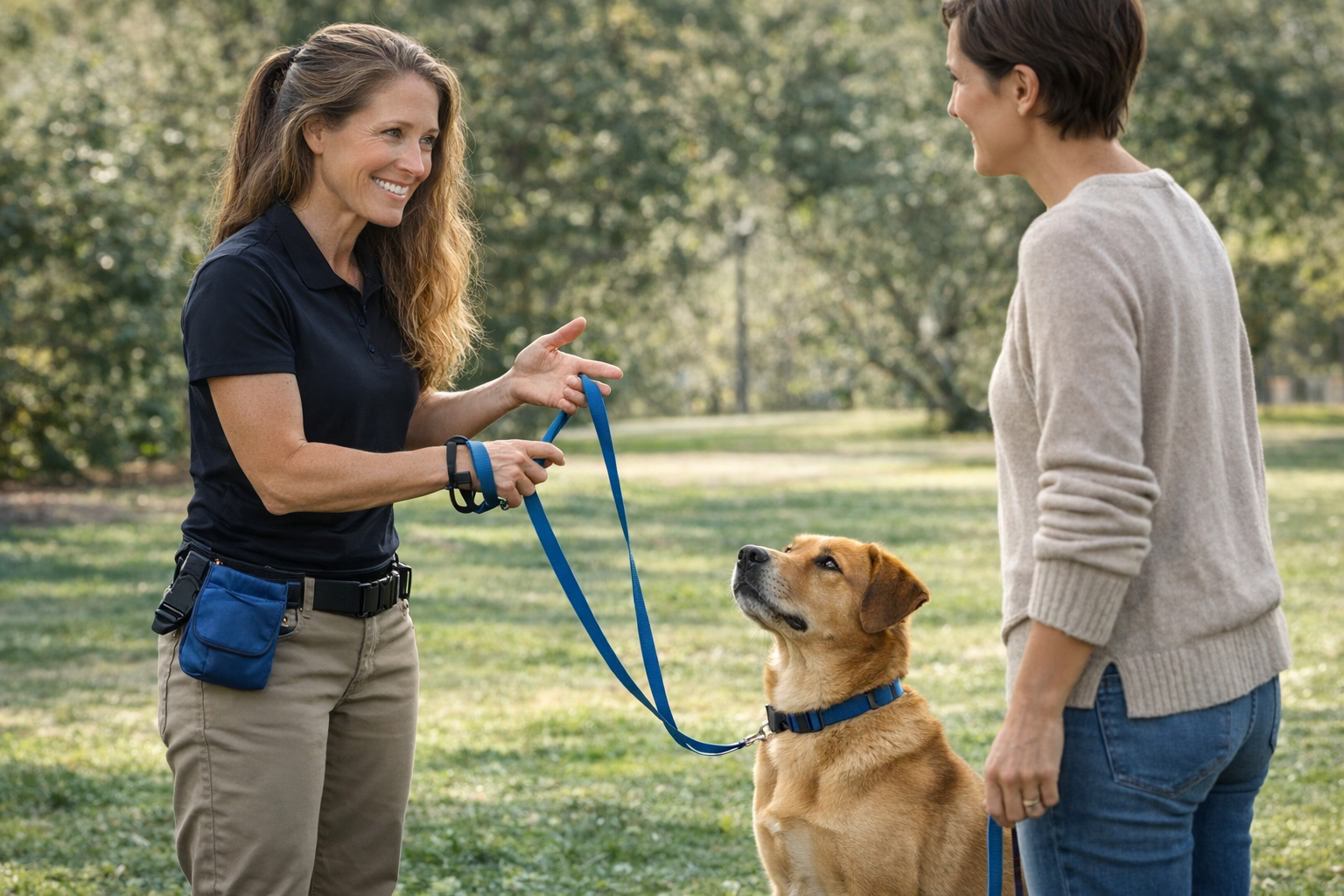 Professional dog trainer demonstrating leash handling and basic obedience during a private dog training session in a Huntington Beach park – Choosing the Right Dog Trainer | Beachside Dog Training