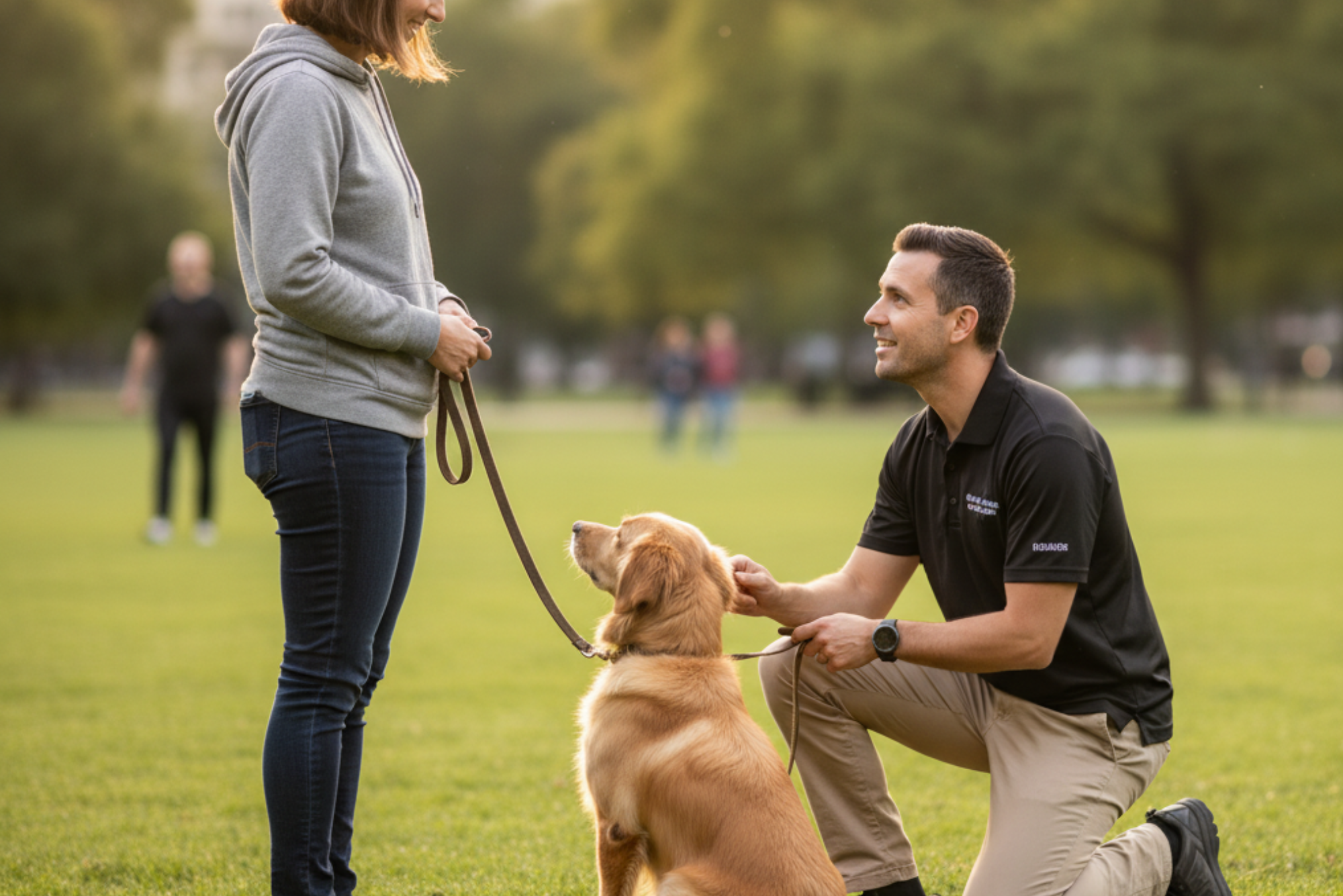 Dog owner talking with a professional dog trainer during a private training session while the trainer kneels beside the dog and explains techniques – Choosing the Right Dog Trainer in Huntington Beach | Beachside Dog Training