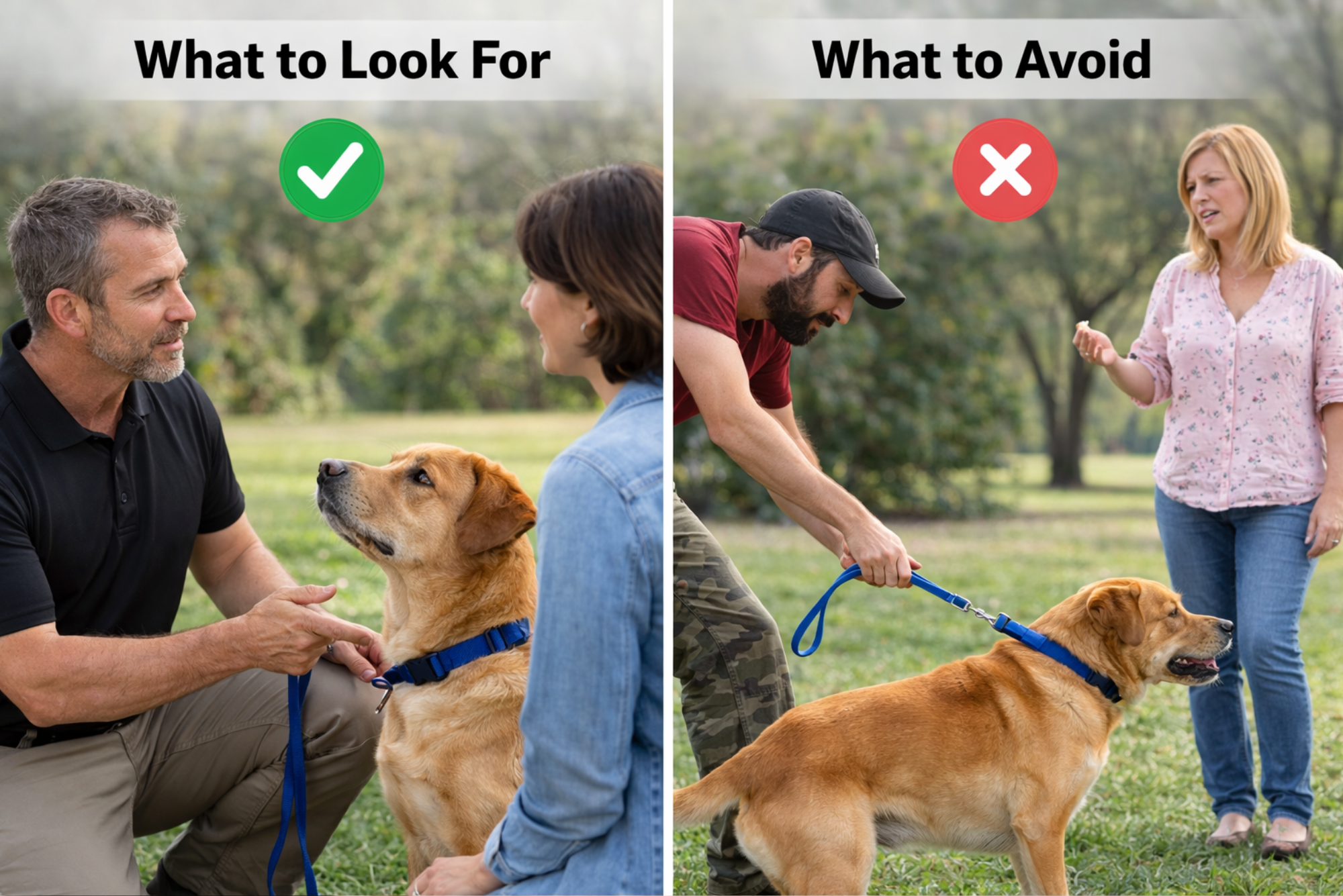 Visual comparison showing what to look for and what to avoid when choosing the right dog trainer in Huntington Beach, with one trainer listening and guiding calmly and another using a rushed generic approach – Beachside Dog Training