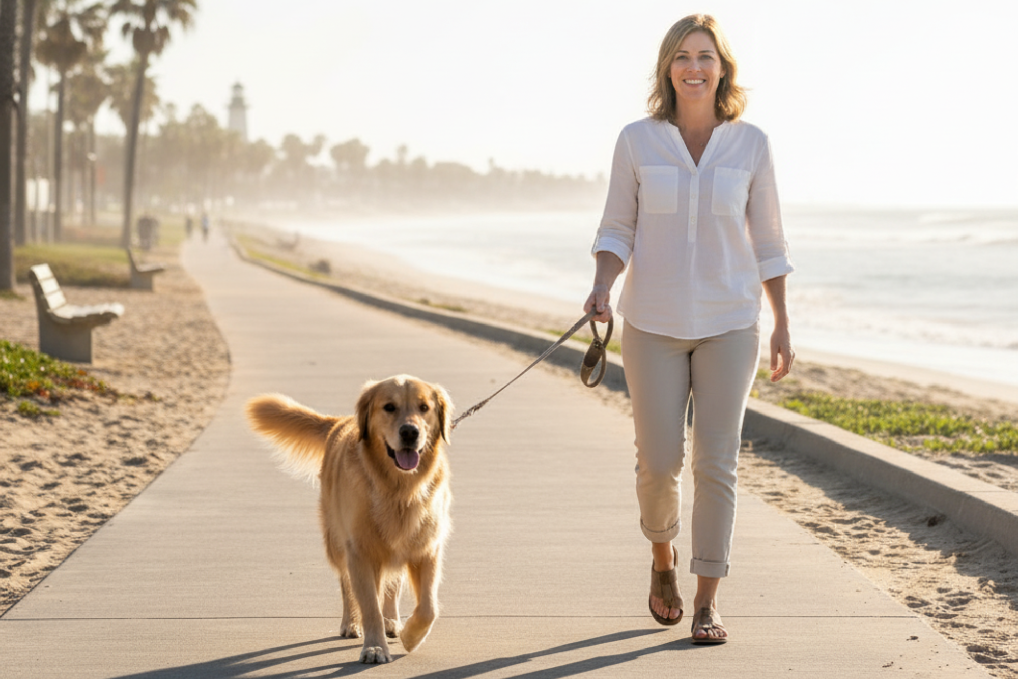 Dog owner walking a well-trained dog on a beach path in Huntington Beach after training – Choosing the Right Dog Trainer | Beachside Dog Training