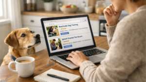 Dog owner comparing dog trainers online at kitchen table while their dog sits beside them – Choosing the Right Dog Trainer in Huntington Beach by Beachside Dog Training