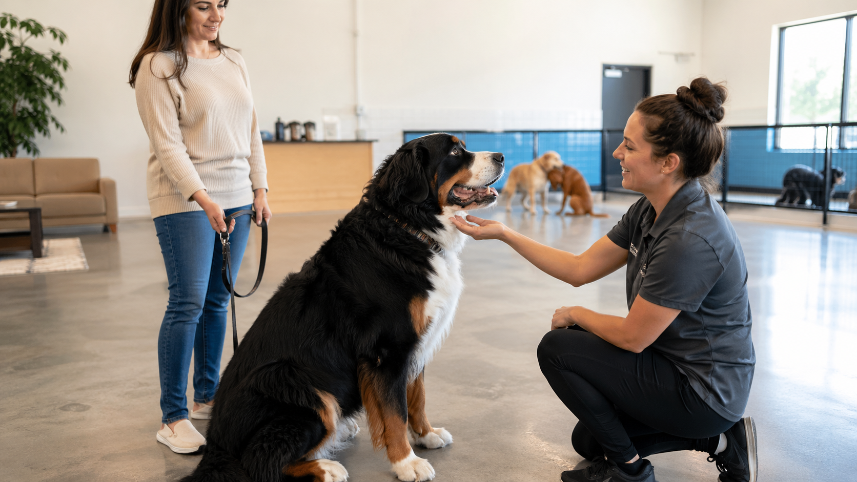 Bernese Mountain Dog being introduced to dog daycare in Huntington Beach, Orange County