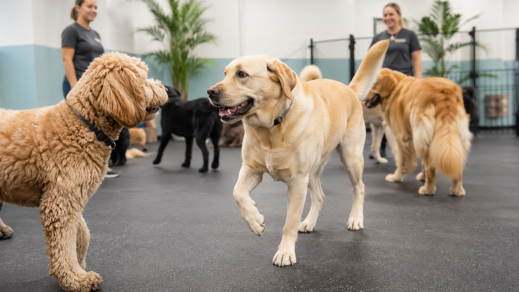 Labrador Retriever enjoying supervised dog daycare play in Huntington Beach, Orange County