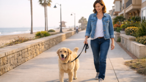 Dog walking calmly on a loose leash with owner in Huntington Beach showing good leash manners