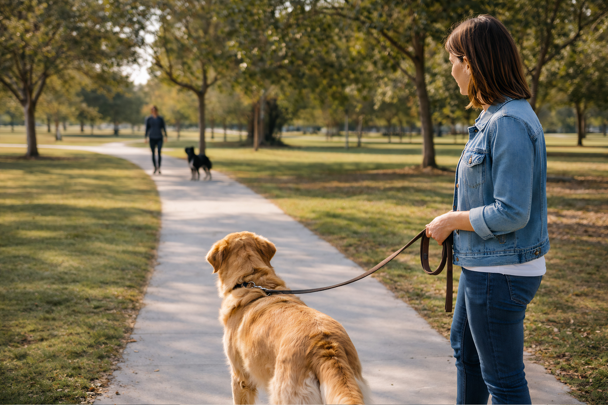 Dog noticing another dog during leash walk in Huntington Beach with owner guiding calm leash manners