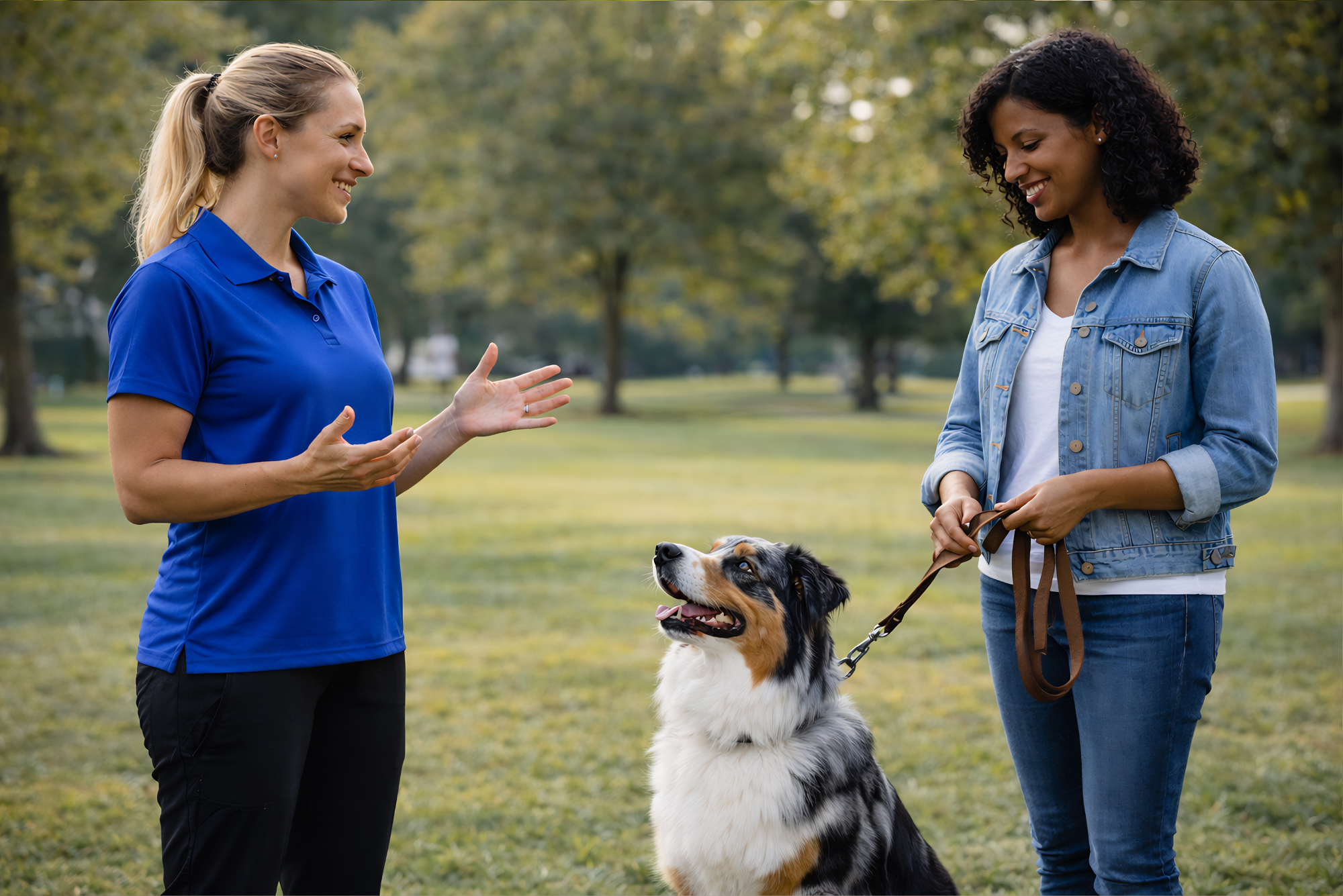 Dog trainer coaching owner on leash manners during training session in Huntington Beach park