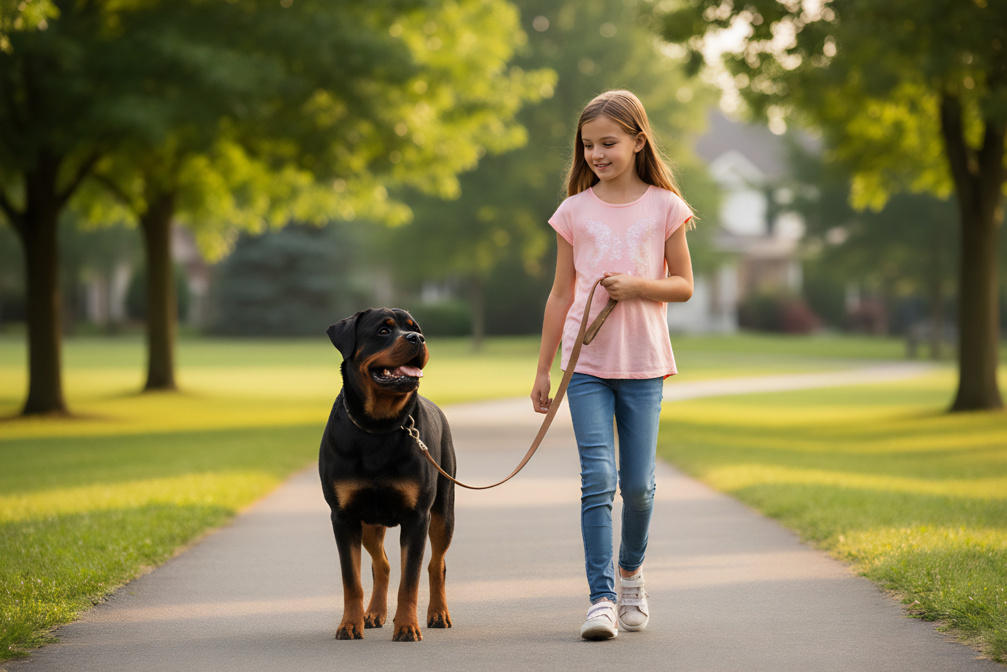 Child walking dog calmly on leash in Huntington Beach showing good leash manners