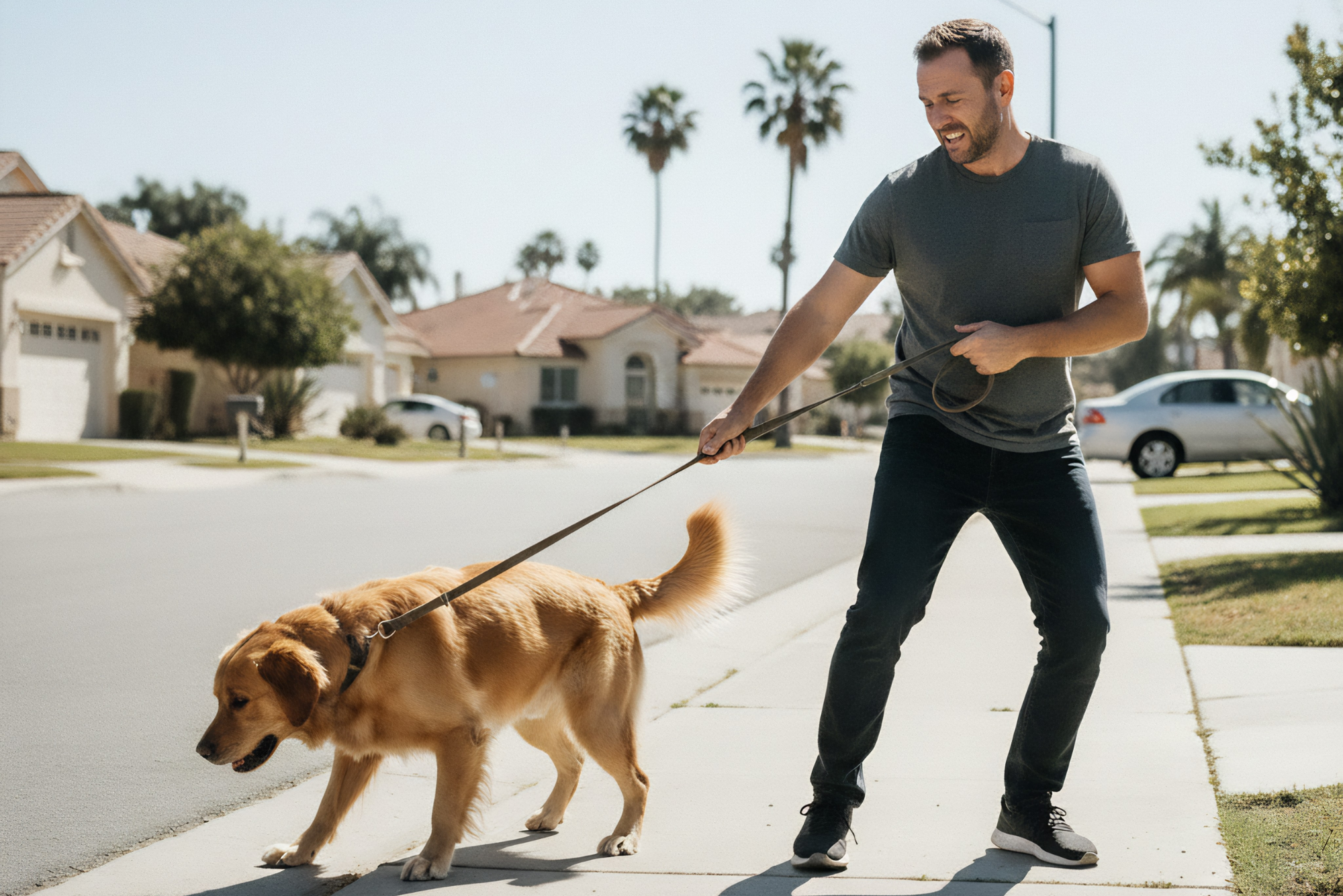 Dog pulling on leash during walk in Huntington Beach showing poor leash manners