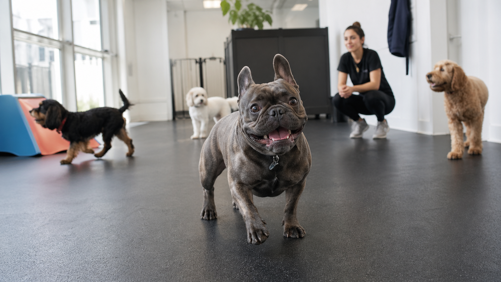 French Bulldog playing in supervised dog daycare in Huntington Beach, Orange County