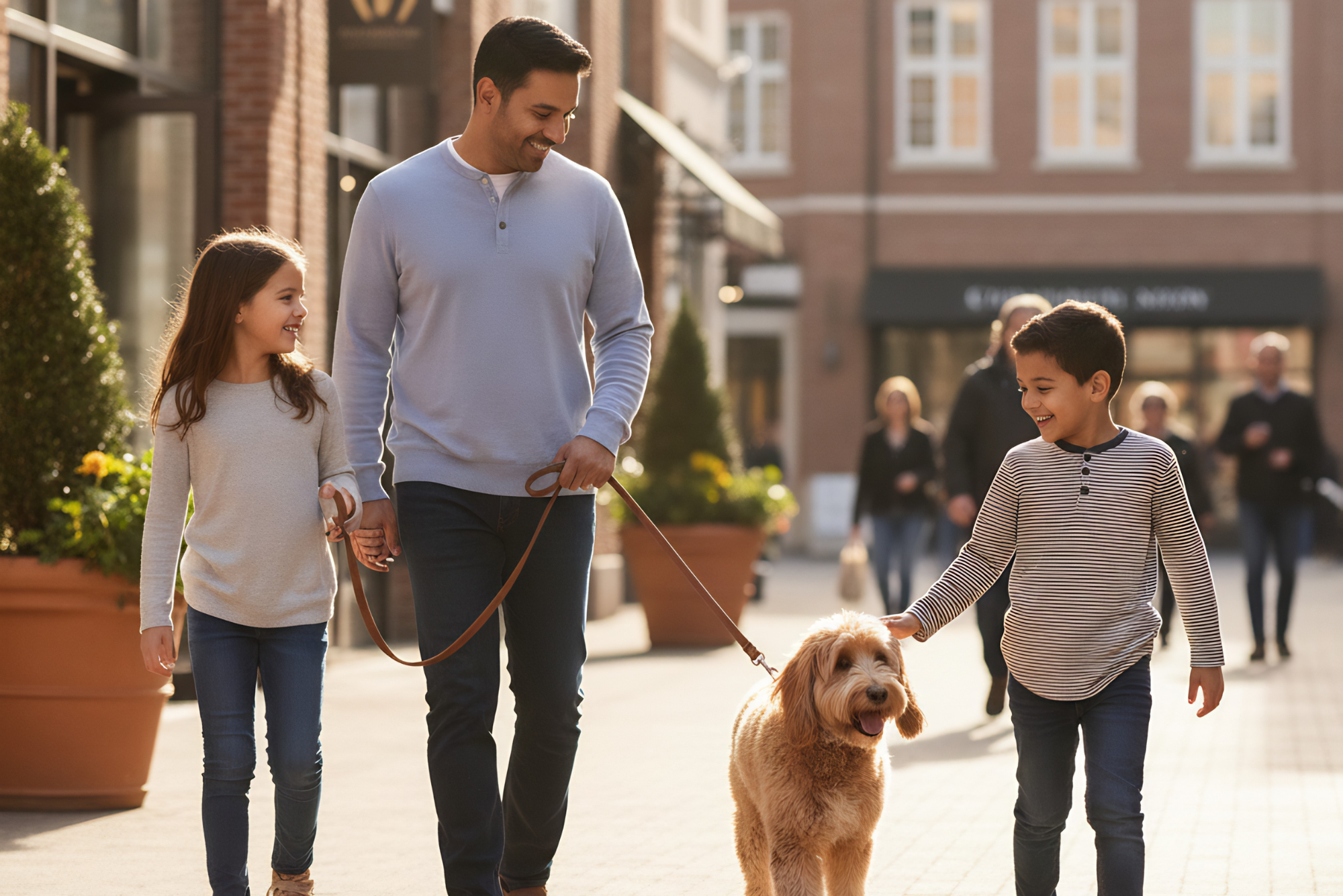 Family walking dog calmly on leash in Huntington Beach showing good leash manners in public