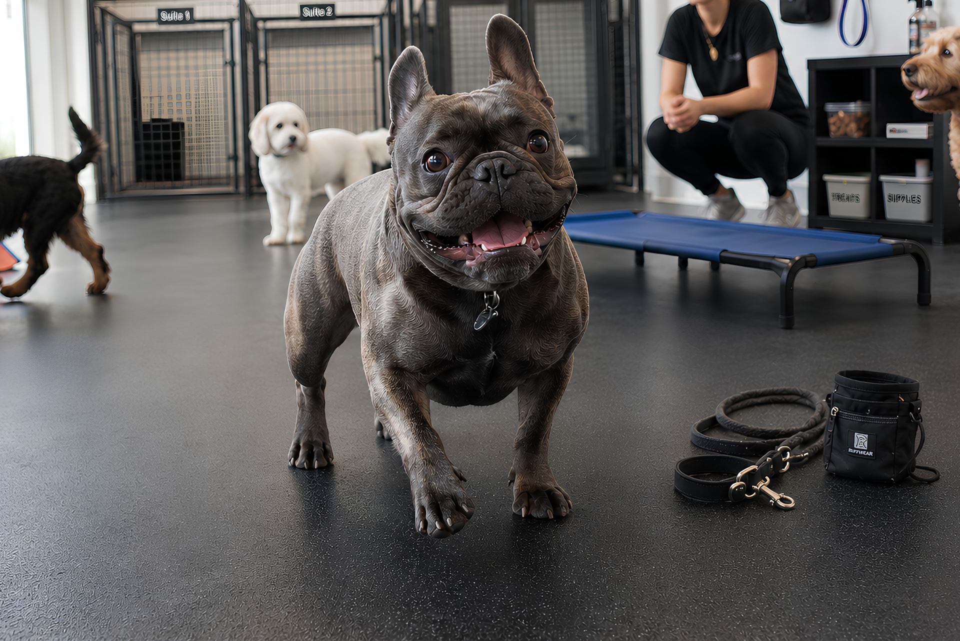 French bulldog in a professional board and train facility with indoor kennels, training equipment, and a trainer in Huntington Beach.