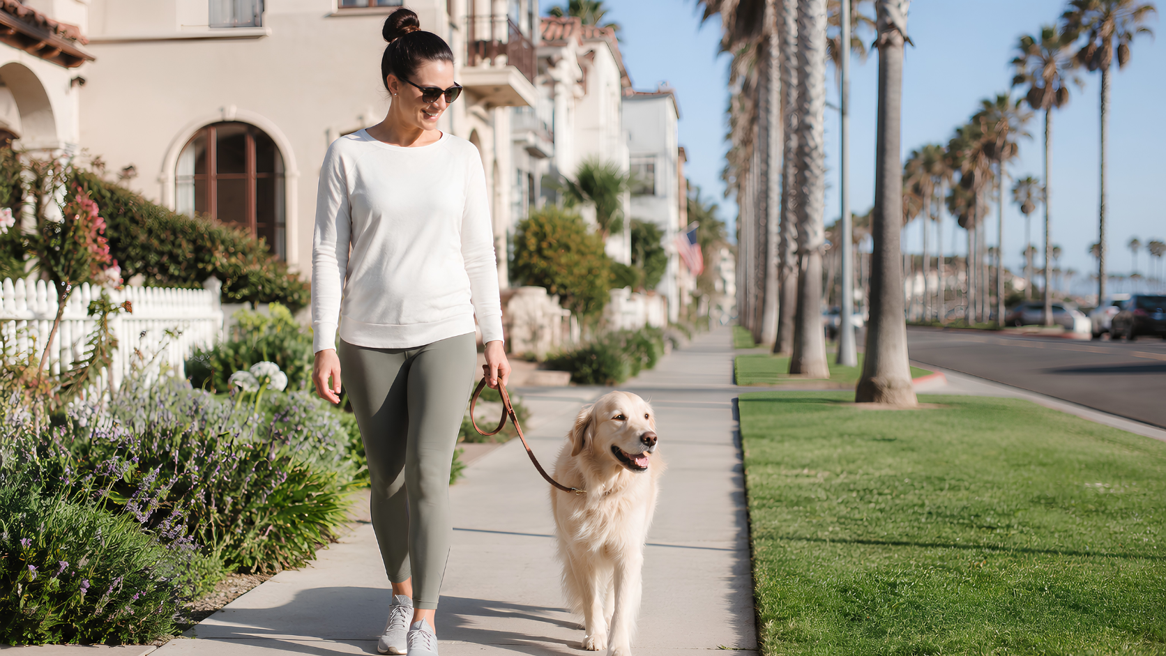 Happy dog owner walking calmly with a well-behaved dog on leash along a sunny Huntington Beach sidewalk.