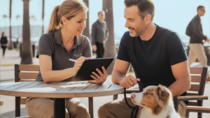 Dog trainer reviewing training options with a dog owner while their dog sits calmly nearby in Huntington Beach.