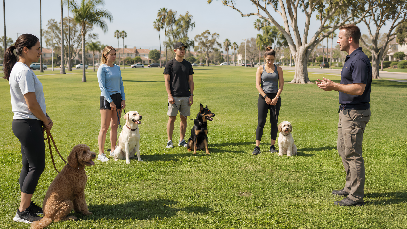 Small group dog training class in a sunny Huntington Beach park with owners and calm dogs on leash listening to a trainer.