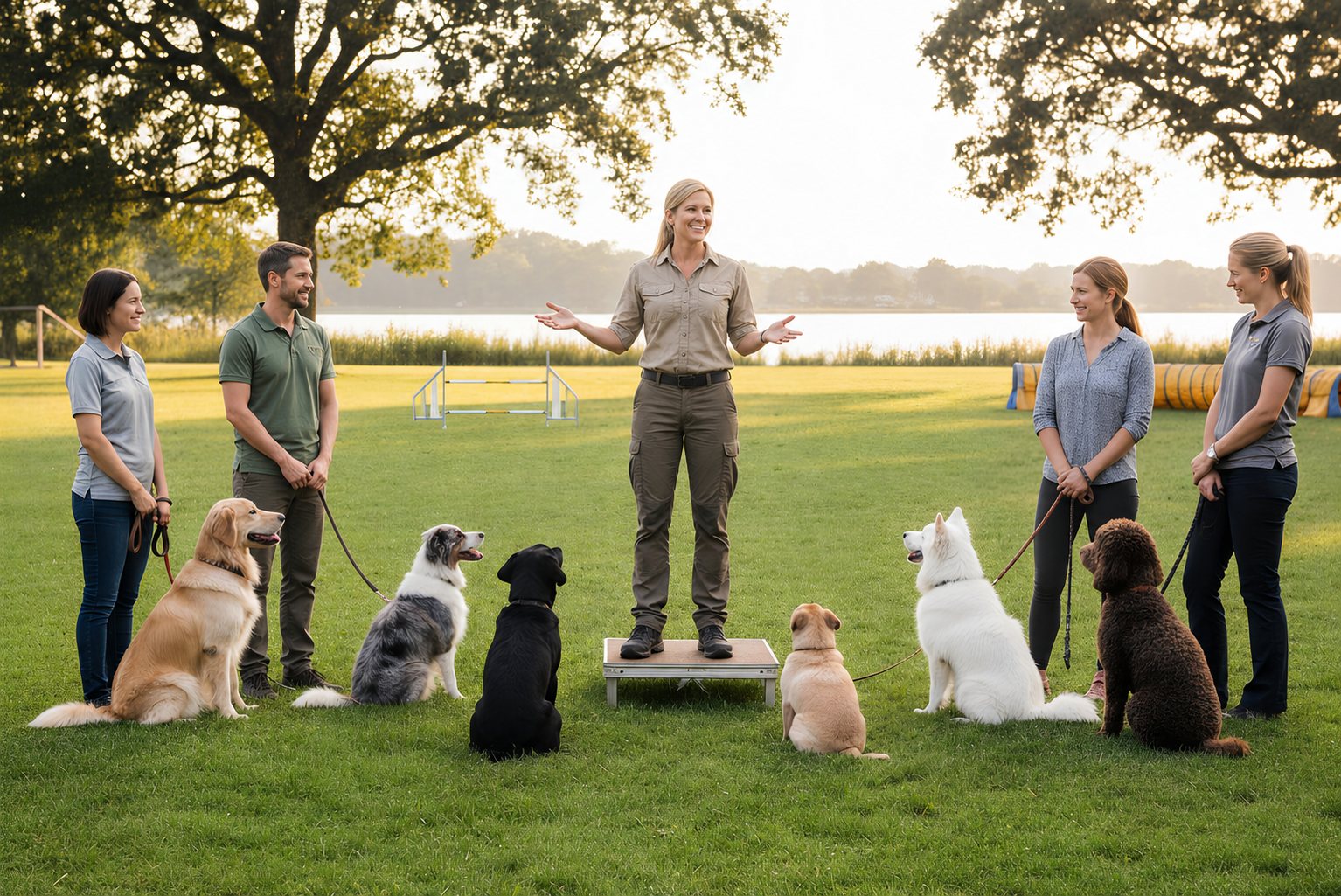 Female dog trainer leading a group dog training class with handlers and dogs in a park in Huntington Beach.