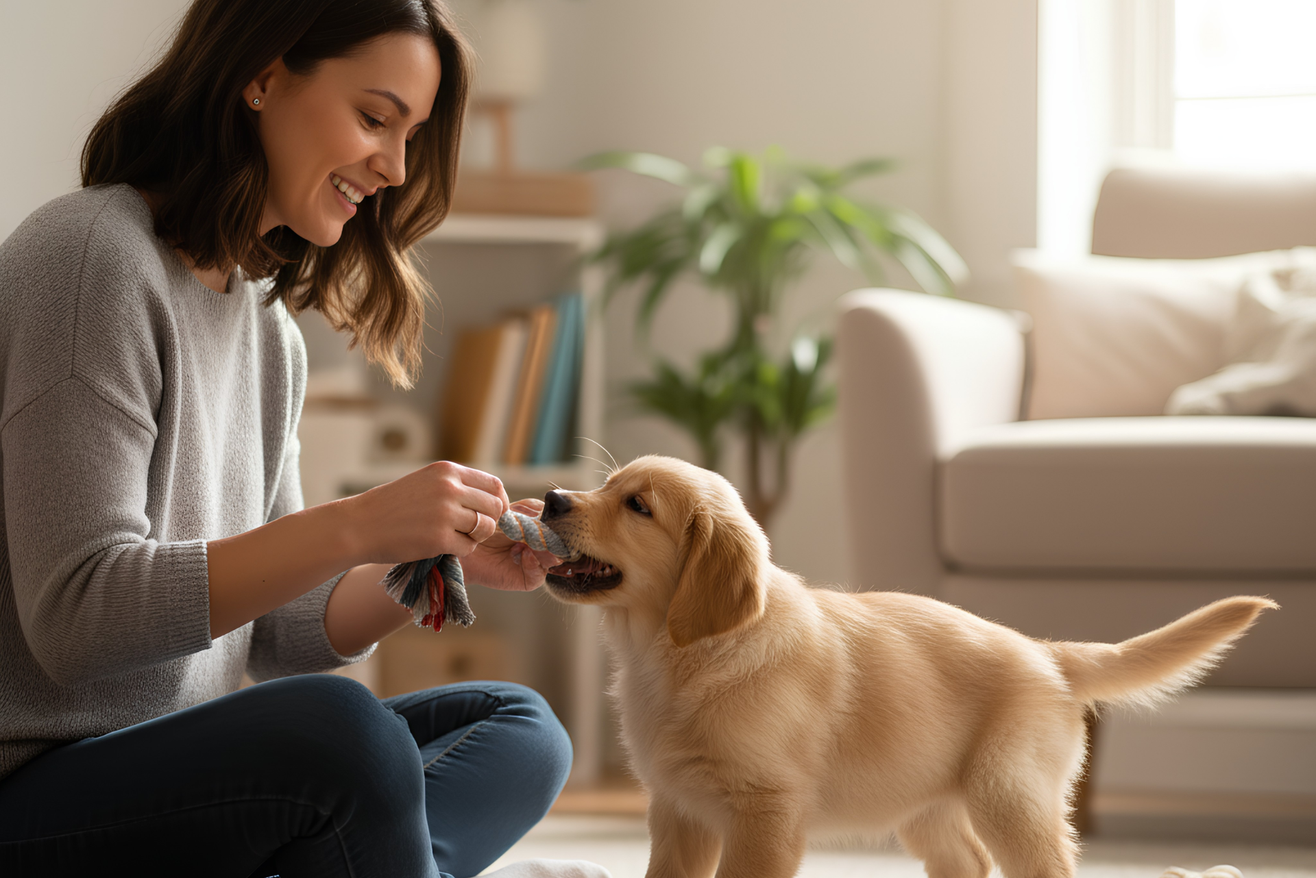 Woman practicing in-home puppy training with a golden retriever puppy in Huntington Beach.