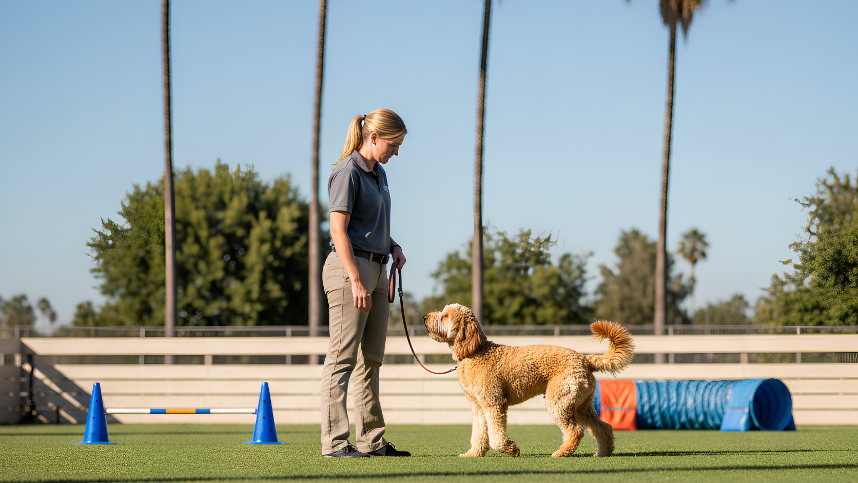 Professional dog trainer working with a calm dog on leash during an outdoor training session in Huntington Beach.