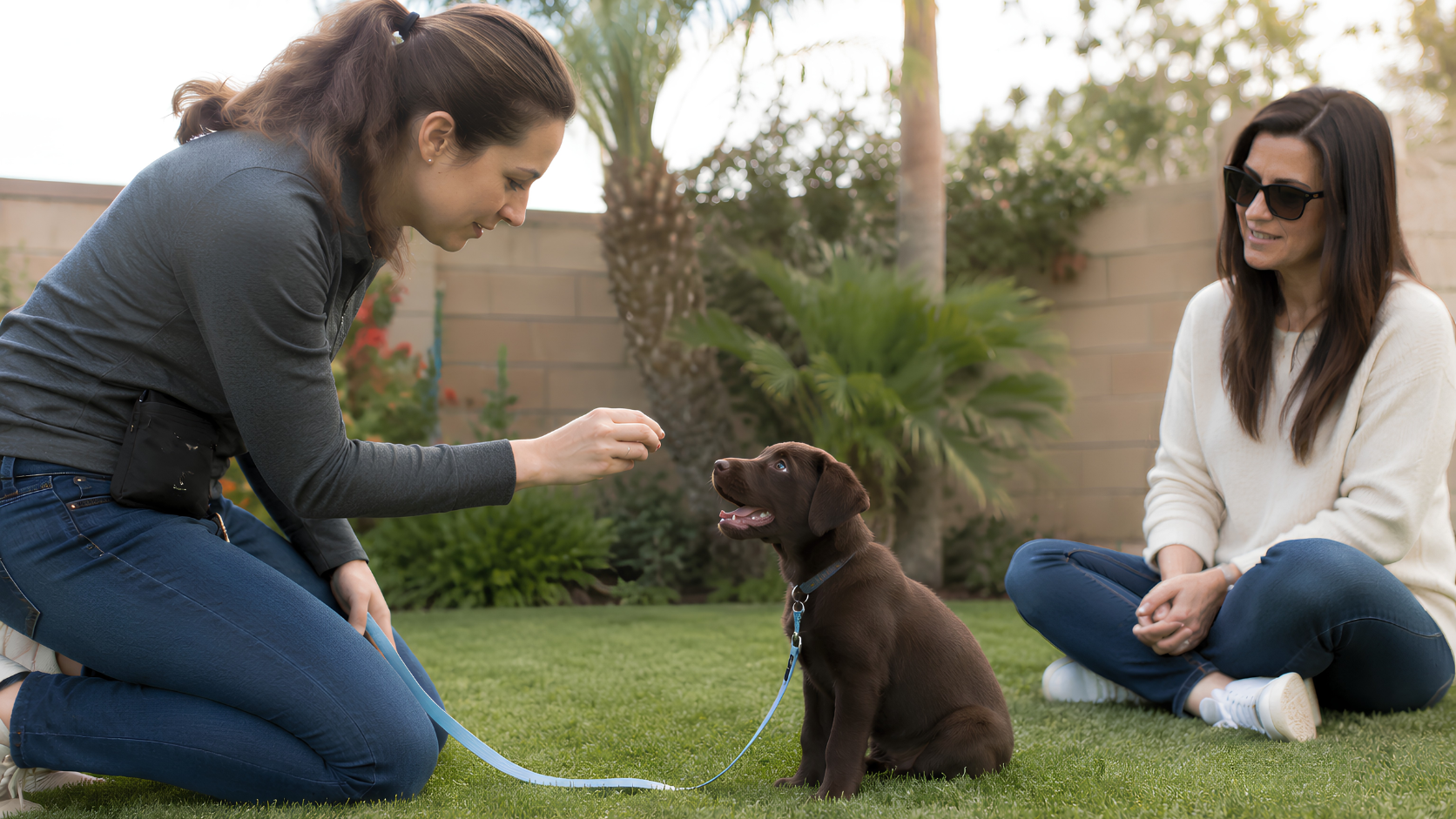 Young puppy sitting attentively during an outdoor puppy training session with a trainer and owner in a Huntington Beach backyard.