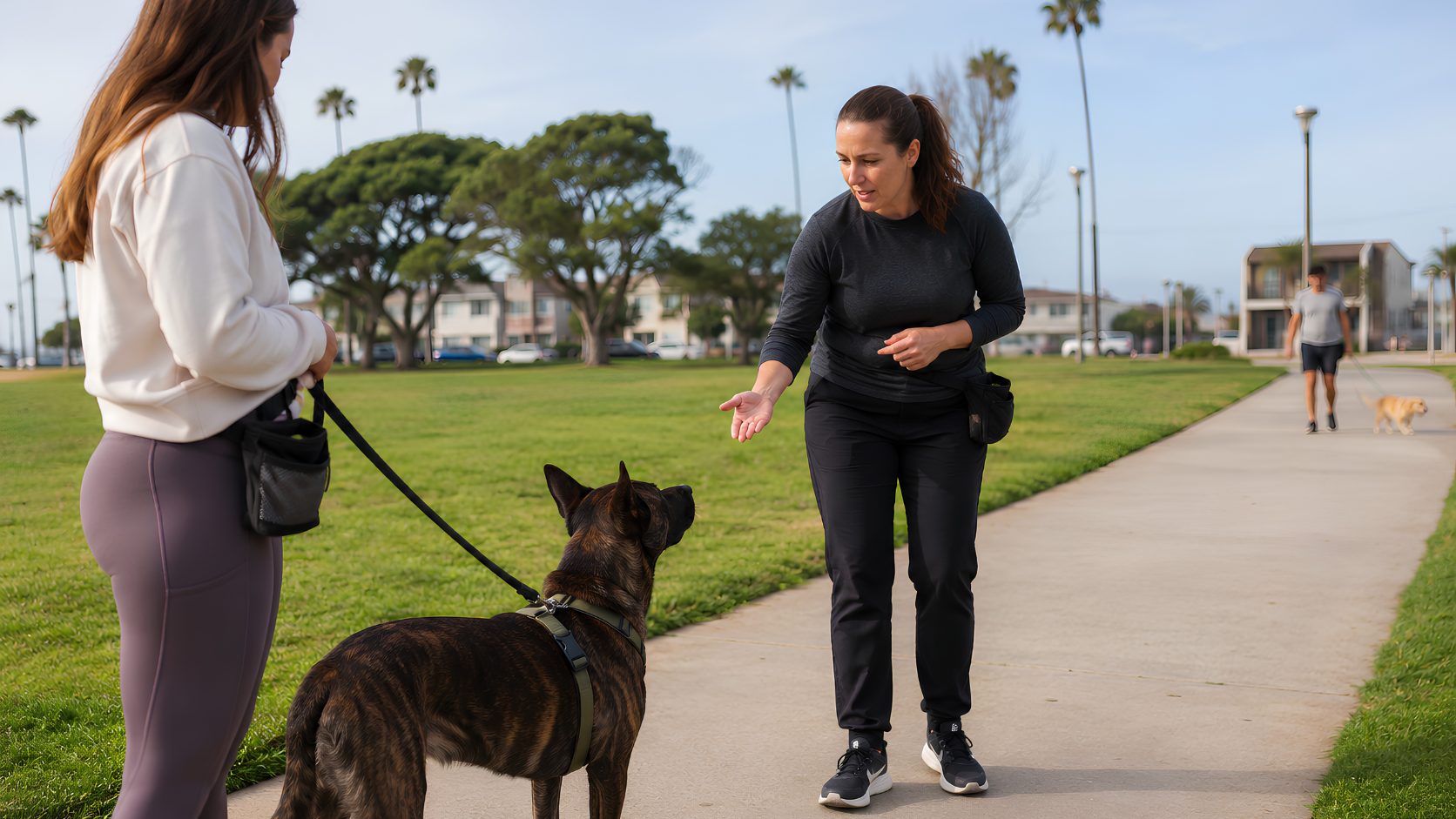 Professional dog trainer helping an owner redirect a reactive dog on leash from a safe distance in a Huntington Beach park.
