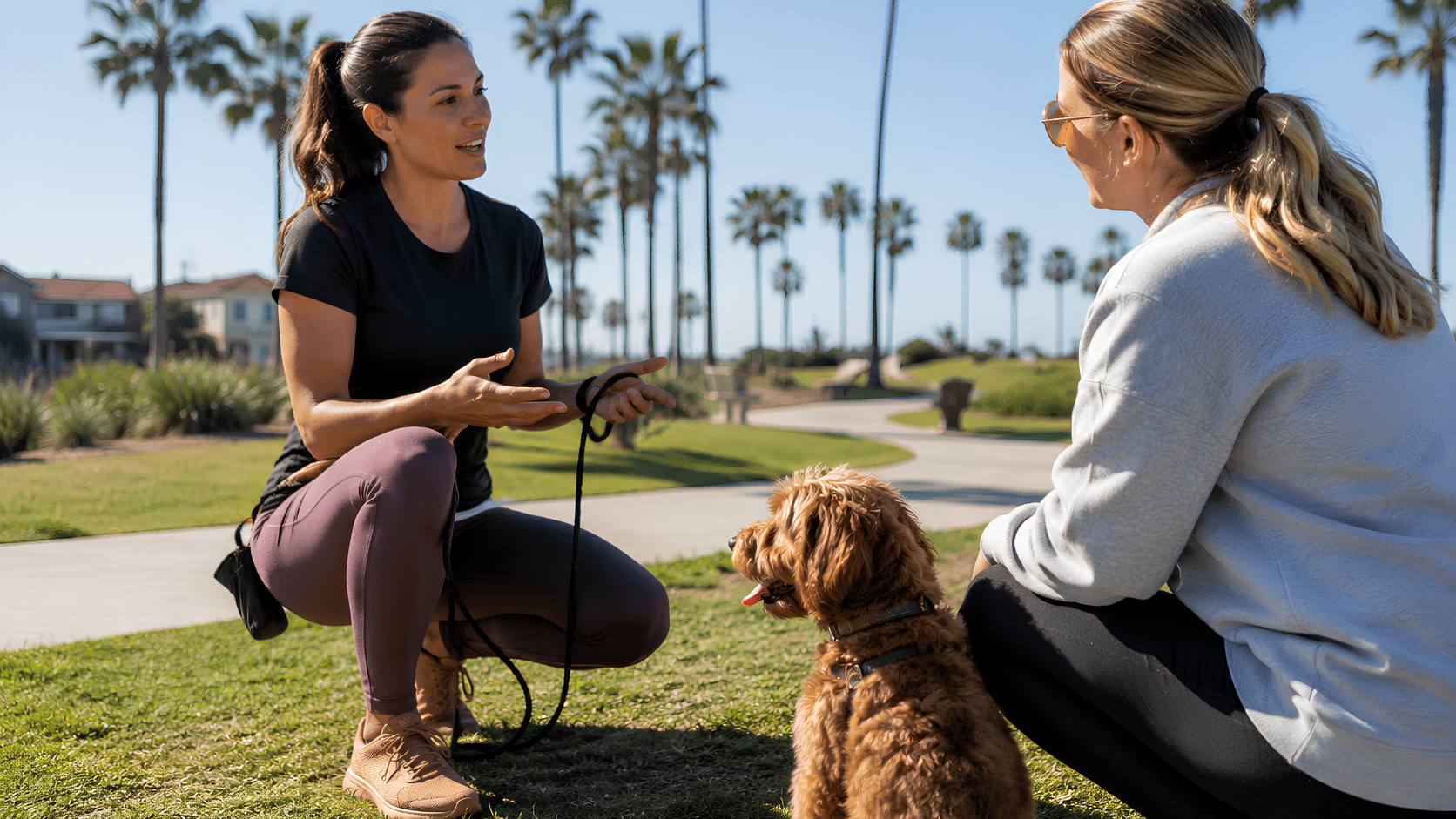 Professional dog trainer explaining training options to a dog owner with a calm dog sitting nearby at a sunny Huntington Beach park.
