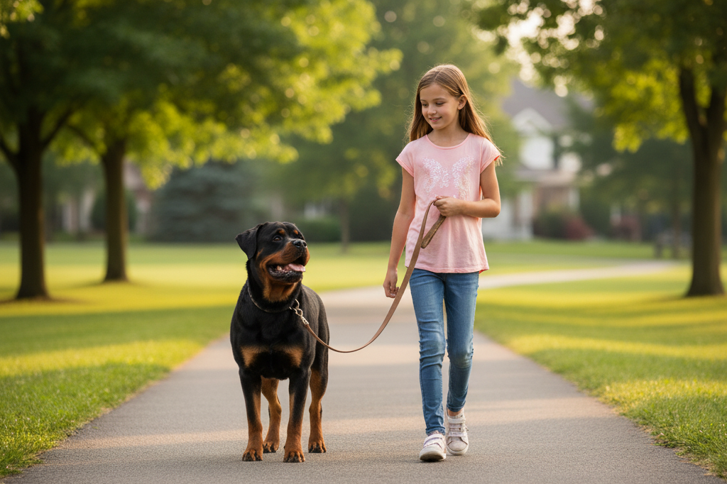 Young girl walking a Rottweiler on a leash at a park in Huntington Beach with Beachside Dog Training.
