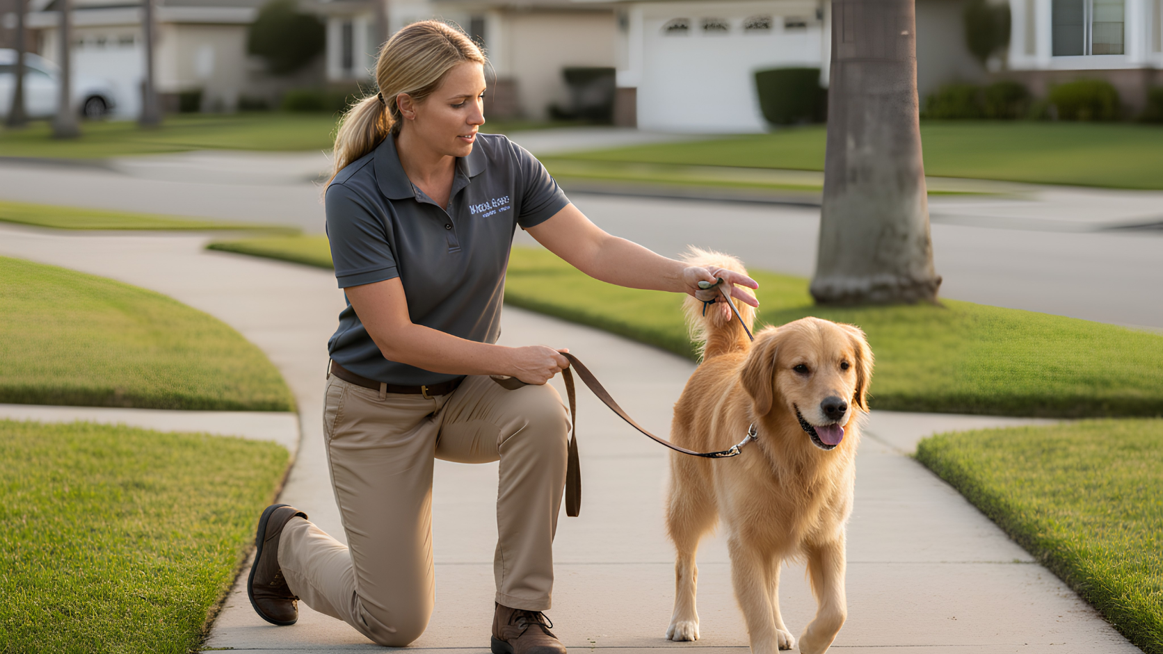 Dog trainer helping a dog practice calm leash walking on a sunny neighborhood sidewalk in Huntington Beach.