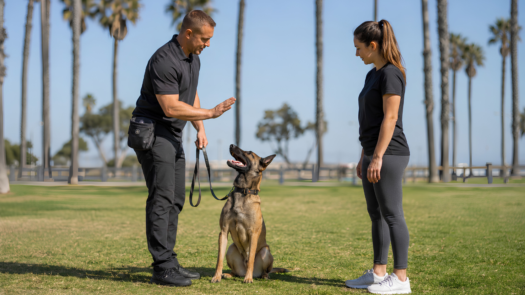 Dog trainer teaching an owner how to continue board and train commands with a calm dog on leash in Huntington Beach.