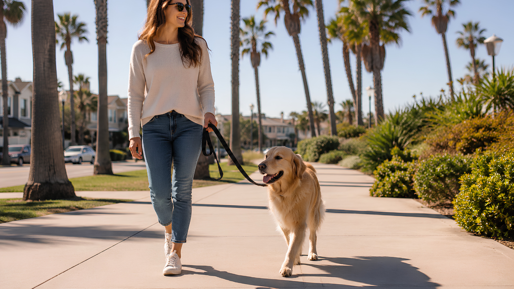 Happy dog owner walking calmly with a well-behaved dog on leash in a sunny Huntington Beach neighborhood.