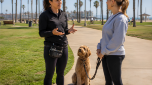 Dog trainer explaining board and train and private dog training options to an owner with a calm dog on leash in Huntington Beach.