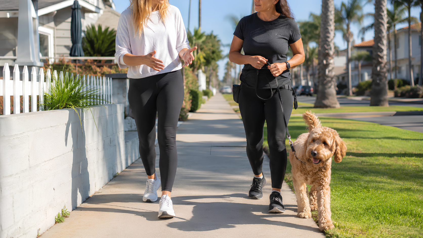 Private dog trainer coaching an owner on leash handling while walking a calm dog in a Huntington Beach neighborhood.