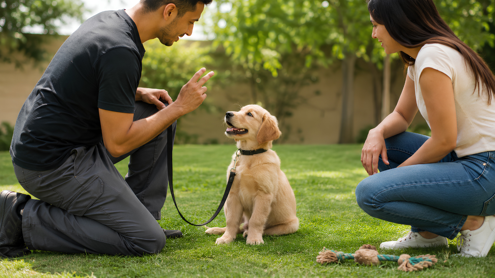 Trainer guiding a young puppy during a private training session while the owner watches in a Huntington Beach backyard.