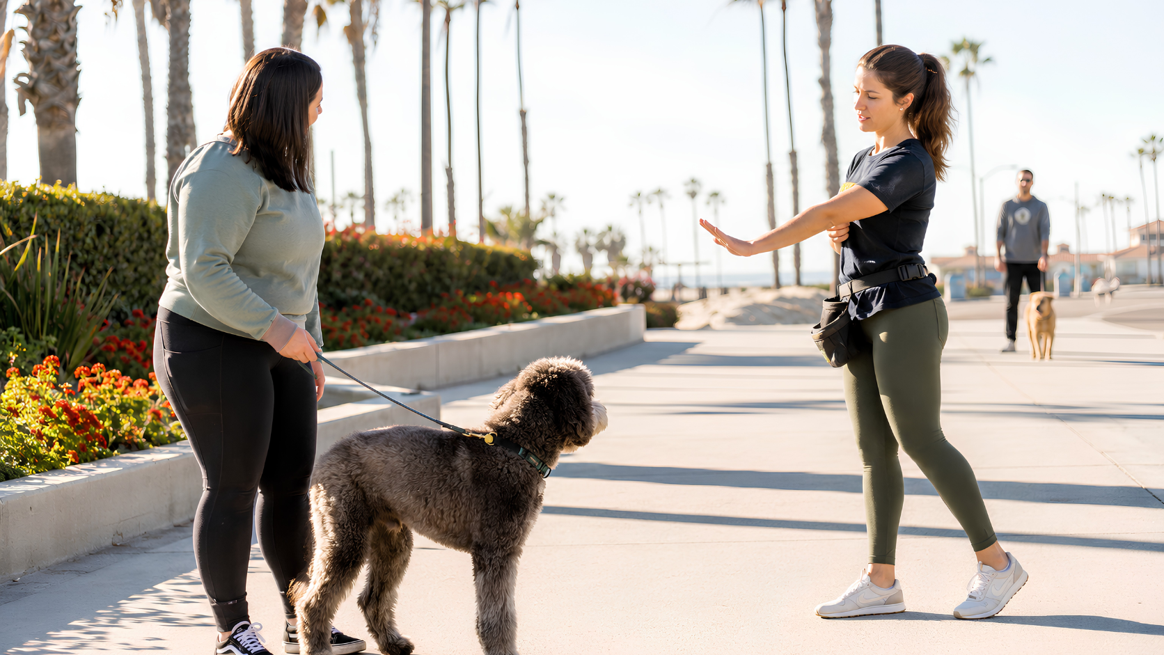 Dog trainer helping an owner manage a reactive dog on leash from a safe distance in a Huntington Beach park.