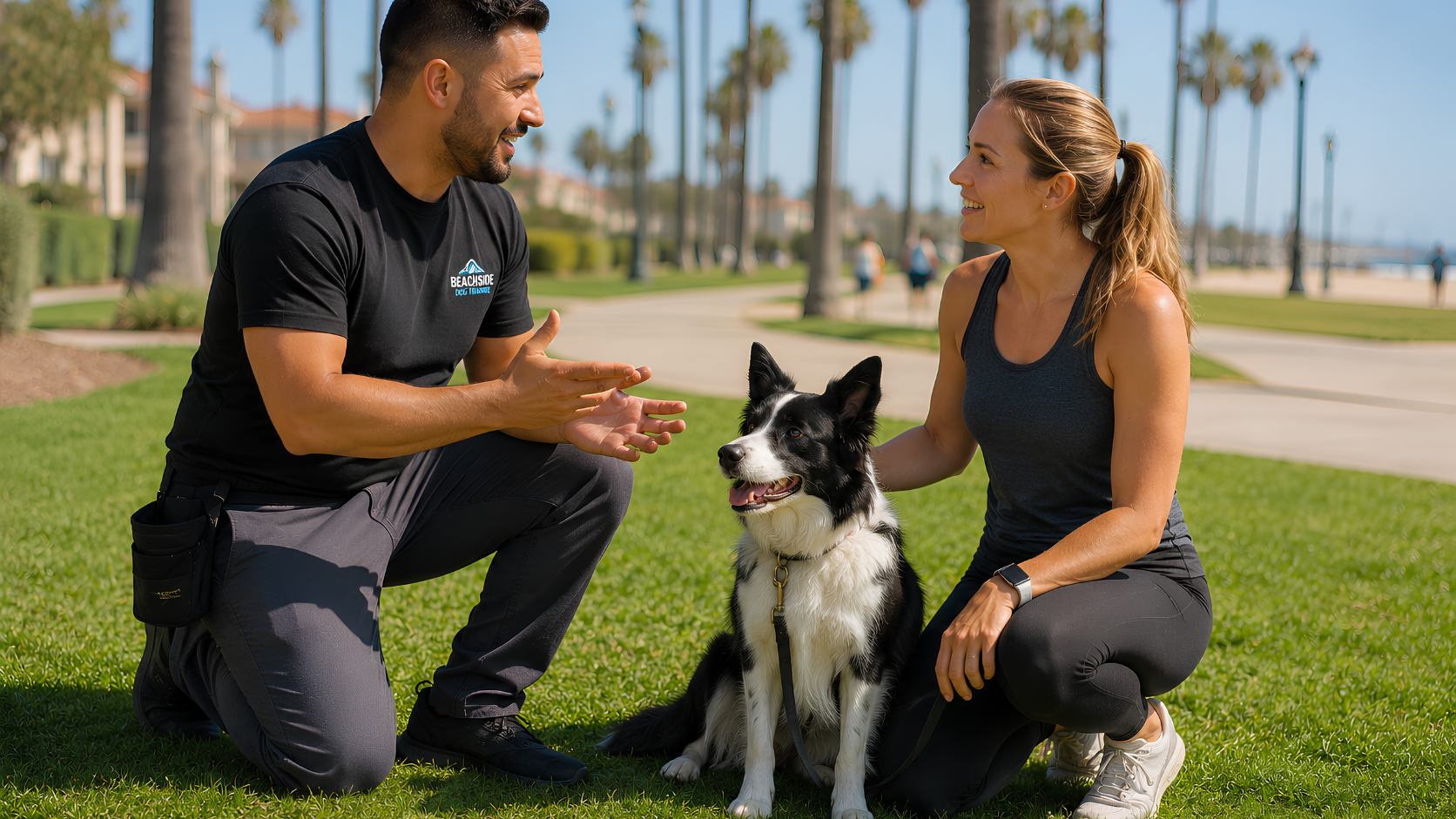 Professional trainer from Beachside Dog Training discussing a customized dog training plan with a dog owner while a well-behaved Border Collie sits calmly in a Huntington Beach park.