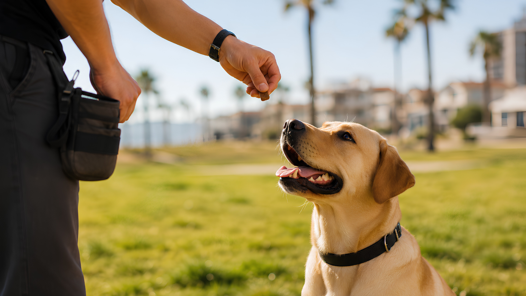 Professional dog trainer at Beachside Dog Training rewarding a Labrador Retriever with a treat after a successful sit command during an outdoor training session in Huntington Beach, California.